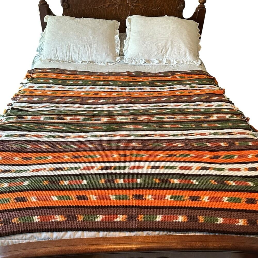 VTG Striped Crochet Granny Throw Lap Blanket in Earth Tones 62 X 58